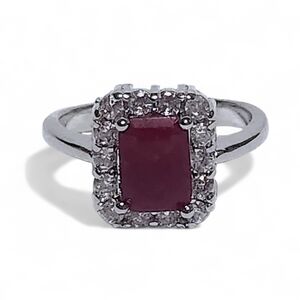 2.40 ctw Ruby & White Topaz Sterling Silver Halo Ring Size 7 NEW